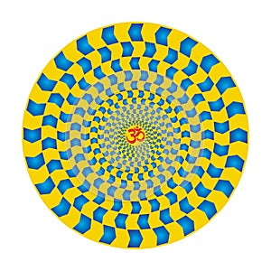 Colorful mandala in blue and yellow colors  with a red  Aum / Ohm / Om sign in the center.