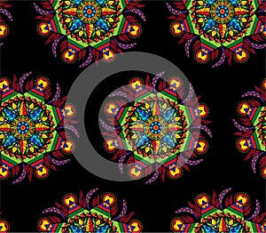 Colorful mandala circular decorative ornament with flowers and leaves in ethnic style seamless print pattern vector illustration