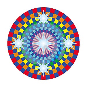 Colorful mandala of colored squares with the Aum / Ohm / Om sign in the center.