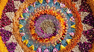 A colorful mandala created from a mix of dried herbs es and seeds all carefully p in a mesmerizing geometric design. photo