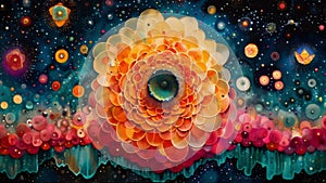 A colorful mandala depicting the interconnectedness of all things in the universe each element complementing and