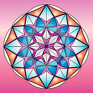 Colorful Mandala Flower On Pink Background: Faceted Shapes And Spiritual Meditations