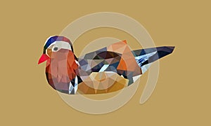 Colorful Mandarin duck swim on the brown background low polygon style, vector pet illustration