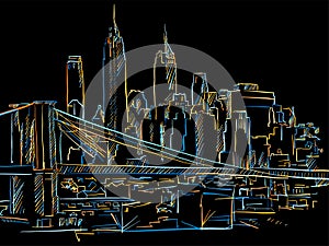 Colorful Manhattan and Brooklyn Bridge Drawing on black