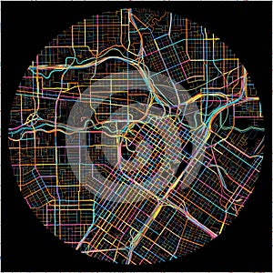 Colorful Map of Houston, Texas with all major and minor roads