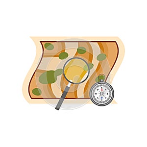 Map with magnifying glass showing place for archaeological excavation and compass. Archeology symbols. Flat vector