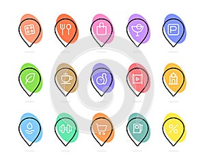 Colorful map pins. Entertainment places. Set of flat icons. Vector file.