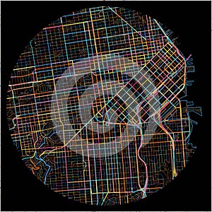 Colorful Map of SanFrancisco, California with all major and minor roads photo