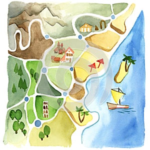 The colorful map of the unnamed city with the beach and seaside