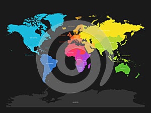 Colorful map of World divided into regions on dark grey background. Simple flat vector illustration