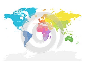 Colorful map of World doivided into regions. Simple flat vector illustration