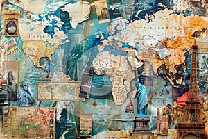 A colorful map of the world with a statue of liberty in the center