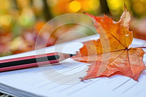 Colorful maple leaf rests on a blank notebook beside pencils, symbolizing creative autumn musings
