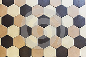 Colorful marble hexagon tiles. Beige and brown