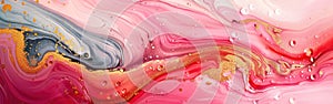 Colorful Marbled Waves: Abstract Oil & Acrylic Paint on Canvas with Pink, Gray, and Gold Swirls - Textured Background Banner