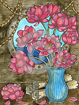 Colorful Marine Fantasy illustration of beautiful lotus flowers bunch in captains room. Nautical vintage drawings, watercolor