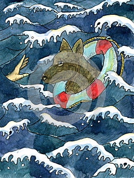 Colorful Marine Fantasy illustration of dog saving drowning man
