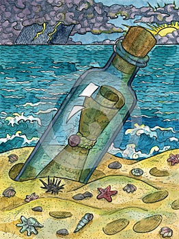 Colorful Marine Fantasy illustration of glass bottle with message on the seashore. Nautical vintage drawings, t-shirt and tattoo
