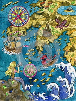 Colorful Marine Fantasy illustration of of old pirate map of treasure hunt with sailing ship, beautiful mermaid, compass and