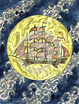 Colorful Marine Fantasy illustration of old sailing ship flying in night sky against full moon. Nautical vintage drawings,