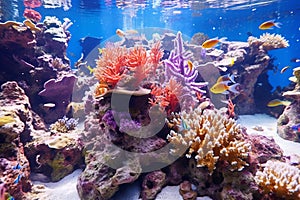 Colorful marine panorama tropical sea fishes on coral reefPerfect for aquariums, snorkeling, diving.