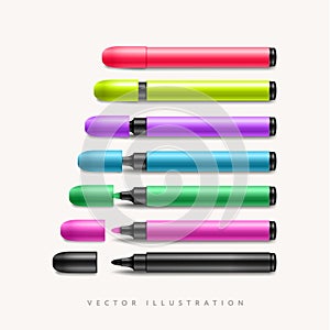 Colorful marker pens set, vector illustration. Children and artist pencils pack, isolated on white. Office highlighters