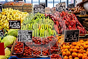 Colorful market stall with boxes with vegetables and fruit in Budapest