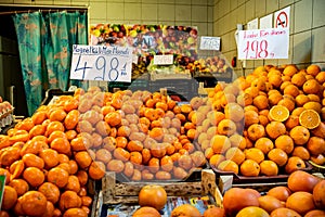 Colorful market stall with boxes with vegetables and fruit in Budapest