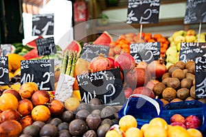 Colorful market stall with boxes with vegetables and fruit in Budapest