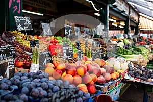 Colorful market stall with boxes with vegetables and fruit in Budapest