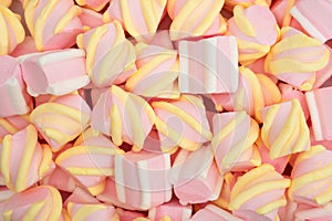 Colorful marshmallow candies for background use close up. Top view