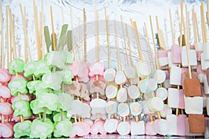 Colorful marshmallow and fruit jelly on sticks