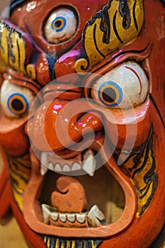 Colorful mask used for dancing at a yearly festival called Tsechu to celebrate Buddhism in Bhutan