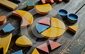 Colorful math fractions on the wooden background. interesting math for kids, for preschool, daytime. Education,