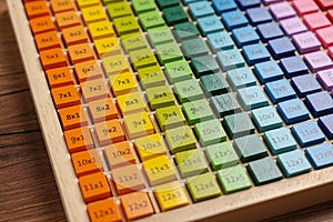 Colorful math game kit with arithmetical tasks on wooden table, closeup