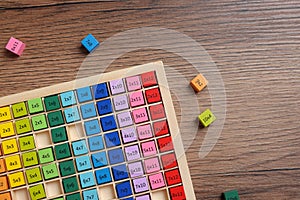 Colorful math game kit with arithmetical tasks on wooden table, flat lay