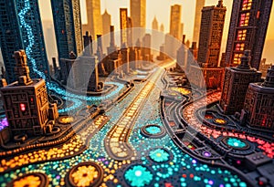 Colorful matrices of microchips creating a vibrant 3-D cityscape