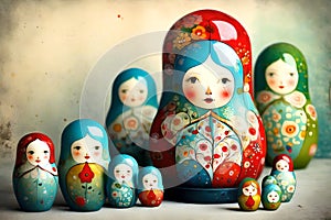 Colorful Matryoshka Dolls Family