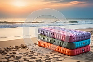 colorful mattresses on the beach near the sea, in pastel colors