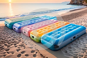 colorful mattresses on the beach near the sea, in pastel colors