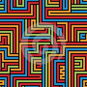 Colorful maze seamless pattern, geometric simple vector background.