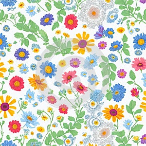 colorful meadow flowers and leaf seamless pattern, beautiful fabric art background