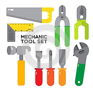 COLORFUL MECHANIC TOOL SET ON WHITE BACKGROUND