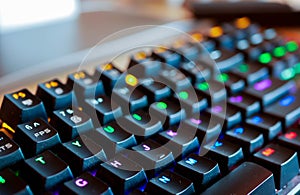 Colorful mechanical gaming keyboard close up shot,