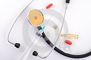 Colorful medical equipment on white background