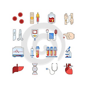 Colorful medical icon set made in line style. Vector blood and heart tests pictorgam.