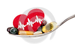 colorful medical supplement and drug pills with red heart in spoon , pharmaceutical cardiology drugs for a heart health care dis