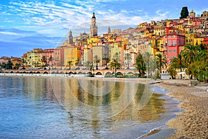 Colorful medieval town Menton on Riviera, Mediterranean sea, France photo