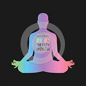 Colorful meditating person icon isolated on black background National Color Therapy Month poster design concept. eps 10 vector ill