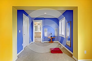 Colorful meditation area in yellow and blue.